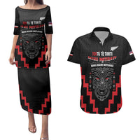 Personalised Toitu Te Tiriti Mana Maori Motuhake Couples Matching Puletasi and Hawaiian Shirt Aotearoa Haka Face Mix Poutama Art LT14 Black - Polynesian Pride