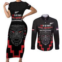 Personalised Toitu Te Tiriti Mana Maori Motuhake Couples Matching Short Sleeve Bodycon Dress and Long Sleeve Button Shirt Aotearoa Haka Face Mix Poutama Art LT14 Black - Polynesian Pride