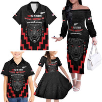 Personalised Toitu Te Tiriti Mana Maori Motuhake Family Matching Off The Shoulder Long Sleeve Dress and Hawaiian Shirt Aotearoa Haka Face Mix Poutama Art LT14 - Polynesian Pride