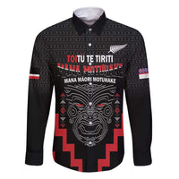 Personalised Toitu Te Tiriti Mana Maori Motuhake Family Matching Off Shoulder Maxi Dress and Hawaiian Shirt Aotearoa Haka Face Mix Poutama Art LT14 Dad's Shirt - Long Sleeve Black - Polynesian Pride