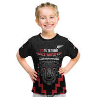 Personalised Toitu Te Tiriti Mana Maori Motuhake Kid T Shirt Aotearoa Haka Face Mix Poutama Art LT14 Black - Polynesian Pride