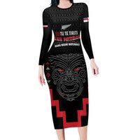 Personalised Toitu Te Tiriti Mana Maori Motuhake Long Sleeve Bodycon Dress Aotearoa Haka Face Mix Poutama Art LT14 Long Dress Black - Polynesian Pride