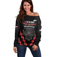 Personalised Toitu Te Tiriti Mana Maori Motuhake Off Shoulder Sweater Aotearoa Haka Face Mix Poutama Art LT14 Women Black - Polynesian Pride