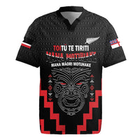 Personalised Toitu Te Tiriti Mana Maori Motuhake Rugby Jersey Aotearoa Haka Face Mix Poutama Art LT14 Black - Polynesian Pride
