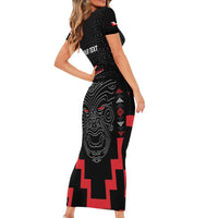 Personalised Toitu Te Tiriti Mana Maori Motuhake Short Sleeve Bodycon Dress Aotearoa Haka Face Mix Poutama Art