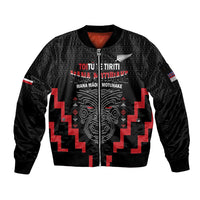 Personalised Toitu Te Tiriti Mana Maori Motuhake Sleeve Zip Bomber Jacket Aotearoa Haka Face Mix Poutama Art LT14 Unisex Black - Polynesian Pride