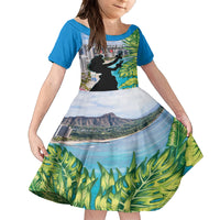 Personalised Honolulu Aloha Hawaii Kid Short Sleeve Dress Tropical Leaves With Hula Girl LT14 KID Blue - Polynesian Pride