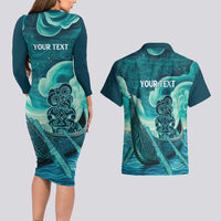 Personalised New Zealand Waitangi Day Couples Matching Long Sleeve Bodycon Dress and Hawaiian Shirt Hei Tiki With Maori Waka - Whakarare Pattern LT14 - Polynesian Pride