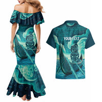 Personalised New Zealand Waitangi Day Couples Matching Mermaid Dress and Hawaiian Shirt Hei Tiki With Maori Waka - Whakarare Pattern LT14 - Polynesian Pride