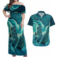 Personalised New Zealand Waitangi Day Couples Matching Off Shoulder Maxi Dress and Hawaiian Shirt Hei Tiki With Maori Waka - Whakarare Pattern LT14 Dark Cyan - Polynesian Pride
