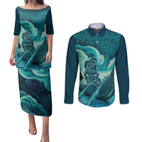 Personalised New Zealand Waitangi Day Couples Matching Puletasi and Long Sleeve Button Shirt Hei Tiki With Maori Waka - Whakarare Pattern LT14 Dark Cyan - Polynesian Pride