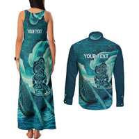 Personalised New Zealand Waitangi Day Couples Matching Tank Maxi Dress and Long Sleeve Button Shirt Hei Tiki With Maori Waka - Whakarare Pattern LT14 - Polynesian Pride
