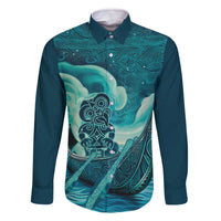Personalised New Zealand Waitangi Day Family Matching Off The Shoulder Long Sleeve Dress and Hawaiian Shirt Hei Tiki With Maori Waka - Whakarare Pattern LT14 Dad's Shirt - Long Sleeve Dark Cyan - Polynesian Pride