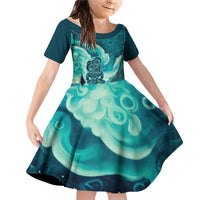 Personalised New Zealand Waitangi Day Family Matching Off Shoulder Short Dress and Hawaiian Shirt Hei Tiki With Maori Waka - Whakarare Pattern LT14 Daughter's Dress Dark Cyan - Polynesian Pride