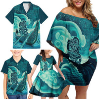 Personalised New Zealand Waitangi Day Family Matching Off Shoulder Short Dress and Hawaiian Shirt Hei Tiki With Maori Waka - Whakarare Pattern LT14 - Polynesian Pride