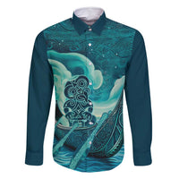 Personalised New Zealand Waitangi Day Family Matching Summer Maxi Dress and Hawaiian Shirt Hei Tiki With Maori Waka - Whakarare Pattern LT14 Dad's Shirt - Long Sleeve Dark Cyan - Polynesian Pride