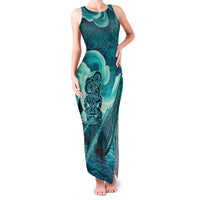Personalised New Zealand Waitangi Day Family Matching Tank Maxi Dress and Hawaiian Shirt Hei Tiki With Maori Waka - Whakarare Pattern LT14 Mom's Dress Dark Cyan - Polynesian Pride