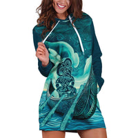 Personalised New Zealand Waitangi Day Hoodie Dress Hei Tiki With Maori Waka - Whakarare Pattern LT14 Dark Cyan - Polynesian Pride