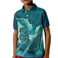 Personalised New Zealand Waitangi Day Kid Polo Shirt Hei Tiki With Maori Waka - Whakarare Pattern LT14 Kid Dark Cyan - Polynesian Pride
