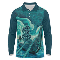 Personalised New Zealand Waitangi Day Long Sleeve Polo Shirt Hei Tiki With Maori Waka - Whakarare Pattern LT14 Dark Cyan - Polynesian Pride