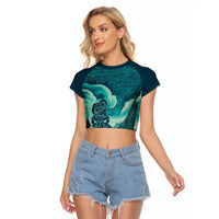 Personalised New Zealand Waitangi Day Raglan Cropped T Shirt Hei Tiki With Maori Waka - Whakarare Pattern LT14 Female Dark Cyan - Polynesian Pride