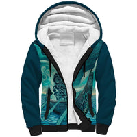 Personalised New Zealand Waitangi Day Sherpa Hoodie Hei Tiki With Maori Waka - Whakarare Pattern LT14 Unisex Dark Cyan - Polynesian Pride
