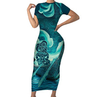 Personalised New Zealand Waitangi Day Short Sleeve Bodycon Dress Hei Tiki With Maori Waka - Whakarare Pattern LT14 Long Dress Dark Cyan - Polynesian Pride