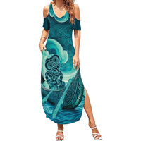 Personalised New Zealand Waitangi Day Summer Maxi Dress Hei Tiki With Maori Waka - Whakarare Pattern LT14 Women Dark Cyan - Polynesian Pride