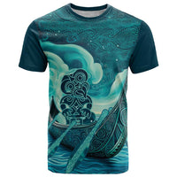 Personalised New Zealand Waitangi Day T Shirt Hei Tiki With Maori Waka - Whakarare Pattern LT14 Dark Cyan - Polynesian Pride