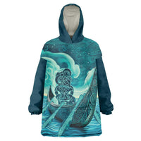 Personalised New Zealand Waitangi Day Wearable Blanket Hoodie Hei Tiki With Maori Waka - Whakarare Pattern LT14 One Size Dark Cyan - Polynesian Pride
