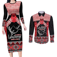 Toitu Te Tiriti O Waitangi Couples Matching Long Sleeve Bodycon Dress and Long Sleeve Button Shirt Maori Wharenui With Taniko Motifs LT14 Red - Polynesian Pride