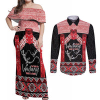 Toitu Te Tiriti O Waitangi Couples Matching Off Shoulder Maxi Dress and Long Sleeve Button Shirt Maori Wharenui With Taniko Motifs LT14 Red - Polynesian Pride