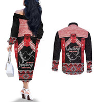 Toitu Te Tiriti O Waitangi Couples Matching Off The Shoulder Long Sleeve Dress and Long Sleeve Button Shirt Maori Wharenui With Taniko Motifs LT14 - Polynesian Pride