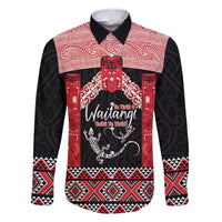 Toitu Te Tiriti O Waitangi Family Matching Off The Shoulder Long Sleeve Dress and Hawaiian Shirt Maori Wharenui With Taniko Motifs LT14 Dad's Shirt - Long Sleeve Red - Polynesian Pride