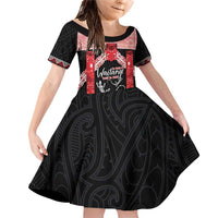 Toitu Te Tiriti O Waitangi Family Matching Off Shoulder Short Dress and Hawaiian Shirt Maori Wharenui With Taniko Motifs LT14 Daughter's Dress Red - Polynesian Pride