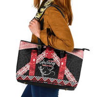 Toitu Te Tiriti O Waitangi Leather Tote Bag Maori Wharenui With Taniko Motifs LT14 Red - Polynesian Pride