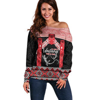 Toitu Te Tiriti O Waitangi Off Shoulder Sweater Maori Wharenui With Taniko Motifs LT14 Women Red - Polynesian Pride