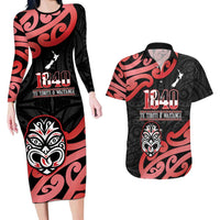 New Zealand 1840 Waitangi Day Couples Matching Long Sleeve Bodycon Dress and Hawaiian Shirt Aotearoa Haka Mask - Red Version LT14 Red - Polynesian Pride