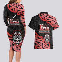 New Zealand 1840 Waitangi Day Couples Matching Long Sleeve Bodycon Dress and Hawaiian Shirt Aotearoa Haka Mask - Red Version LT14 - Polynesian Pride