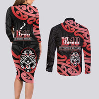 New Zealand 1840 Waitangi Day Couples Matching Long Sleeve Bodycon Dress and Long Sleeve Button Shirt Aotearoa Haka Mask - Red Version LT14 - Polynesian Pride
