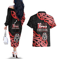 New Zealand 1840 Waitangi Day Couples Matching Off The Shoulder Long Sleeve Dress and Hawaiian Shirt Aotearoa Haka Mask - Red Version LT14 - Polynesian Pride