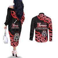 New Zealand 1840 Waitangi Day Couples Matching Off The Shoulder Long Sleeve Dress and Long Sleeve Button Shirt Aotearoa Haka Mask - Red Version LT14 - Polynesian Pride