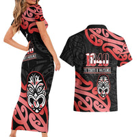 New Zealand 1840 Waitangi Day Couples Matching Short Sleeve Bodycon Dress and Hawaiian Shirt Aotearoa Haka Mask - Red Version LT14 - Polynesian Pride