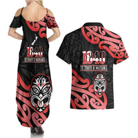 New Zealand 1840 Waitangi Day Couples Matching Summer Maxi Dress and Hawaiian Shirt Aotearoa Haka Mask - Red Version LT14 - Polynesian Pride
