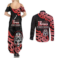 New Zealand 1840 Waitangi Day Couples Matching Summer Maxi Dress and Long Sleeve Button Shirt Aotearoa Haka Mask - Red Version LT14 - Polynesian Pride