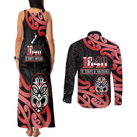 New Zealand 1840 Waitangi Day Couples Matching Tank Maxi Dress and Long Sleeve Button Shirt Aotearoa Haka Mask - Red Version LT14 - Polynesian Pride