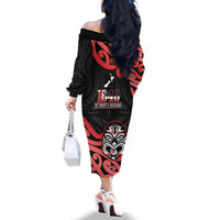 New Zealand 1840 Waitangi Day Family Matching Off The Shoulder Long Sleeve Dress and Hawaiian Shirt Aotearoa Haka Mask - Red Version LT14 - Polynesian Pride