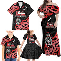 New Zealand 1840 Waitangi Day Family Matching Off Shoulder Maxi Dress and Hawaiian Shirt Aotearoa Haka Mask - Red Version LT14 - Polynesian Pride