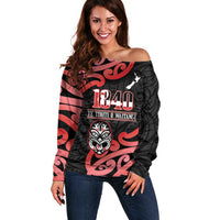 New Zealand 1840 Waitangi Day Off Shoulder Sweater Aotearoa Haka Mask - Red Version