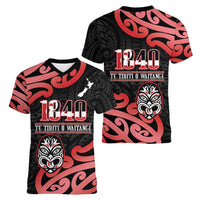 New Zealand 1840 Waitangi Day Women V-Neck T-Shirt Aotearoa Haka Mask - Red Version LT14 - Polynesian Pride